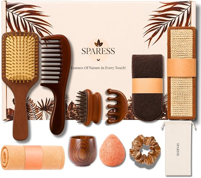 SPARESS Eco Friendly Natural Spa Set for Women Gift Box with Wooden Comb Set, Bath Strap, Gua Sha, Facial Sponge, Self Car...