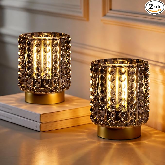 Battery Operated Lamp with Timer, Mini Crystal Table Lamps for Home Decor, Small Cordless Lamp for Areas No Outlets, Glass...