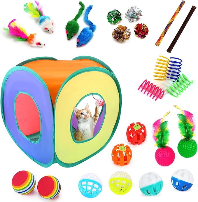 iCAGY Cat Toys, 25-Pack Toy Pack for Indoor Kittens, Kitten Toys Bulk Set - Interactive Kitty Toys with Cube, Crinkle Ball...