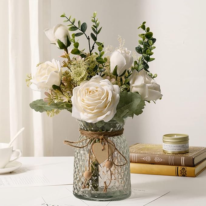 YJ Fake Flowers with Vase, Silk Roses Artificial Flowers in Vase, Faux Flower Plant Arrangement Suitable for Home Office D...