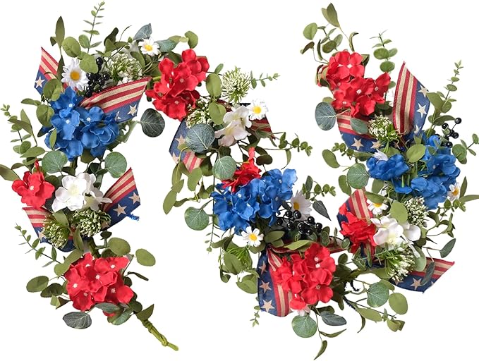 Egolot Patriotic Hydrangea Red White Blue Flower Garland Wreath for Front Door, Forth of July Independence Day Indoor Outd...