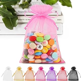 ANZNKU Pink Organza Bags 4 x 6 in 50PCS, Small Gift Bags for Goodie Candy Jewelry Soap Packaging, Cute Little Mesh Bag Dra...