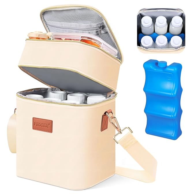 PIIOSER Breastmilk Cooler Bag with Ice Pack Fits 6 Baby Bottles Up to 9 Ounce, Insulated Baby Bottle Tote Bags, Double Lay...