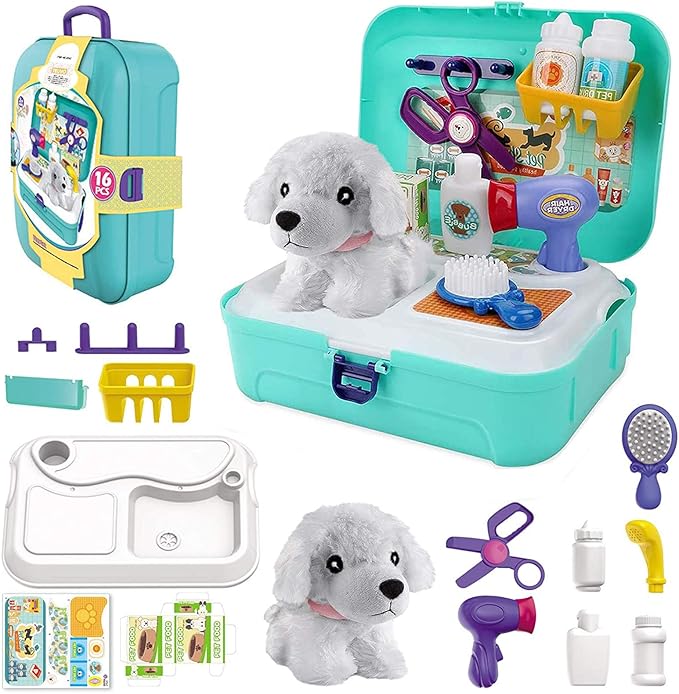 TEUVO Pet Care Play Set Doctor Kit for Kids, 16 Pcs Doctor Pretend Play Vet Dog Grooming Toys Puppy Dog Carrier Feeding Do...