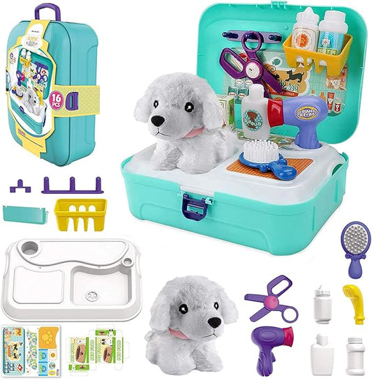 TEUVO Pet Care Play Set Doctor Kit for Kids, 16 Pcs Doctor Pretend Play Vet Dog Grooming Toys Puppy Dog Carrier Feeding Do...