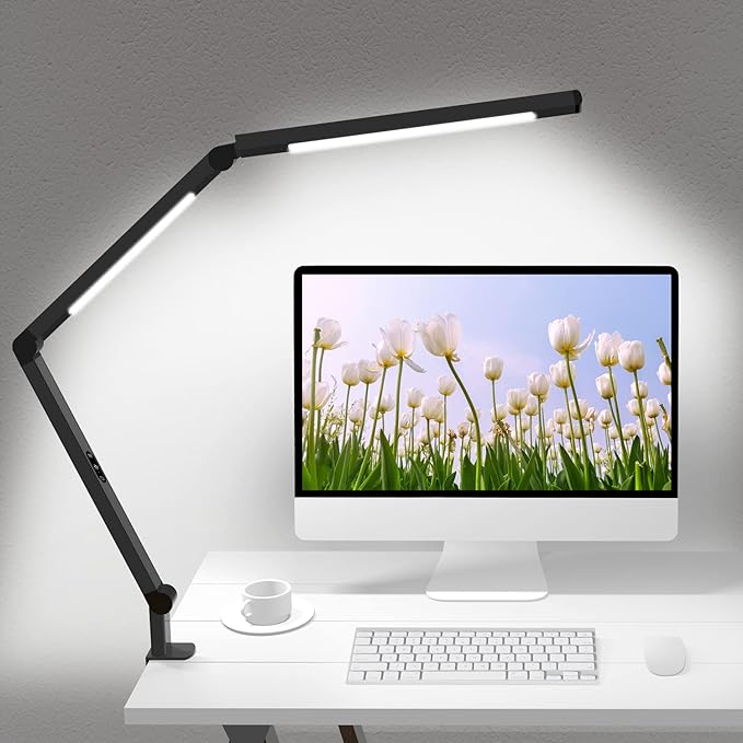 LED Desk Lamp with Clamp, Architect Desk Lamp with Dual Light and Adjustable Swing Arm, Clip-on Eye-Care 4 CCT Modes & 5 B...