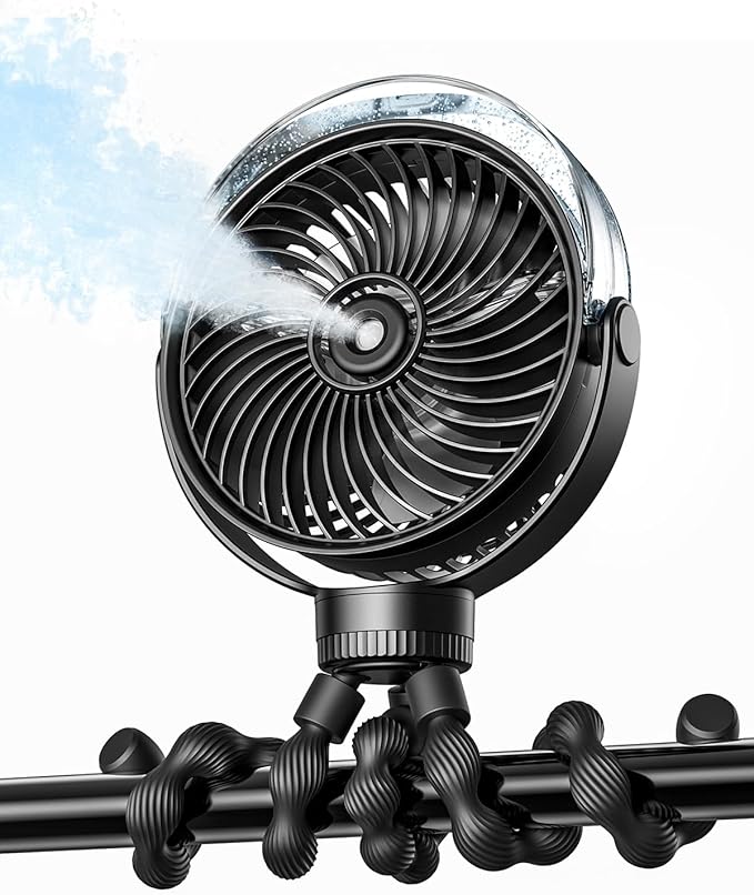SWEETFULL Misting Stroller Fan – Portable Baby Fan with Spray Cooling, 4 Speeds, Quiet Rechargeable Fans for Travel, Outdo...