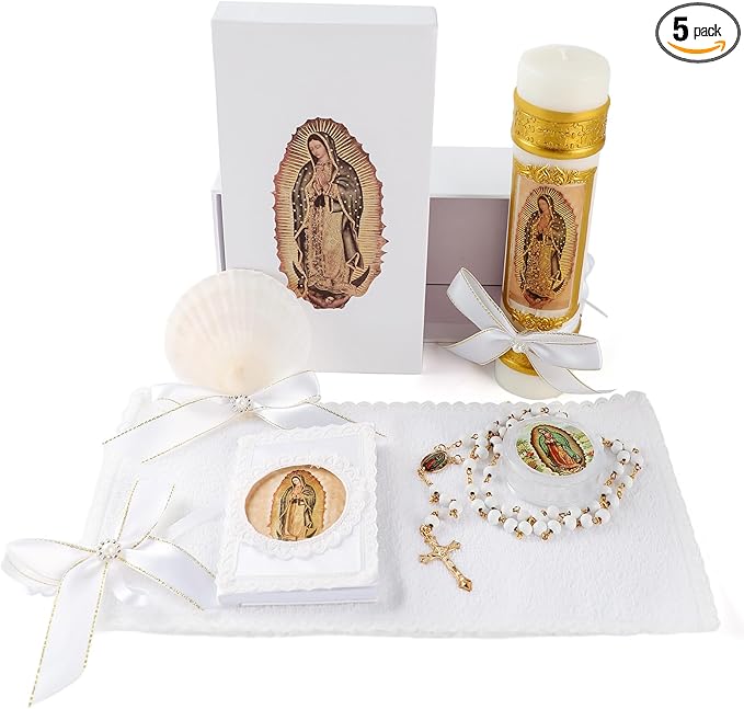 Baptism Candle Set for Boys and Girls,5 PCS Baptism Kit Virgen De Guadalupe Catholic Candle,Towel,Shell,Rosary,Bible for B...