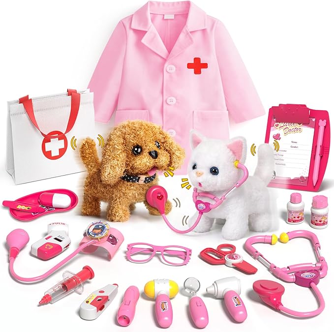 Pet Vet Kit for Kids with 2 Plush Pets (Dog & Cat) & Doctor Costume - 36Pcs Interactive Veterinarian Playset for Toddlers ...