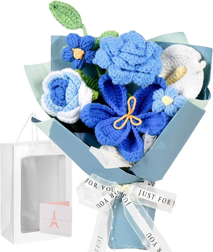 MengxFly Crochet Flower Bouquet Blue, Handmade Crochet Flowers Bouquet, Knitted Floral Gift for Her, with Gift Box, Bag an...