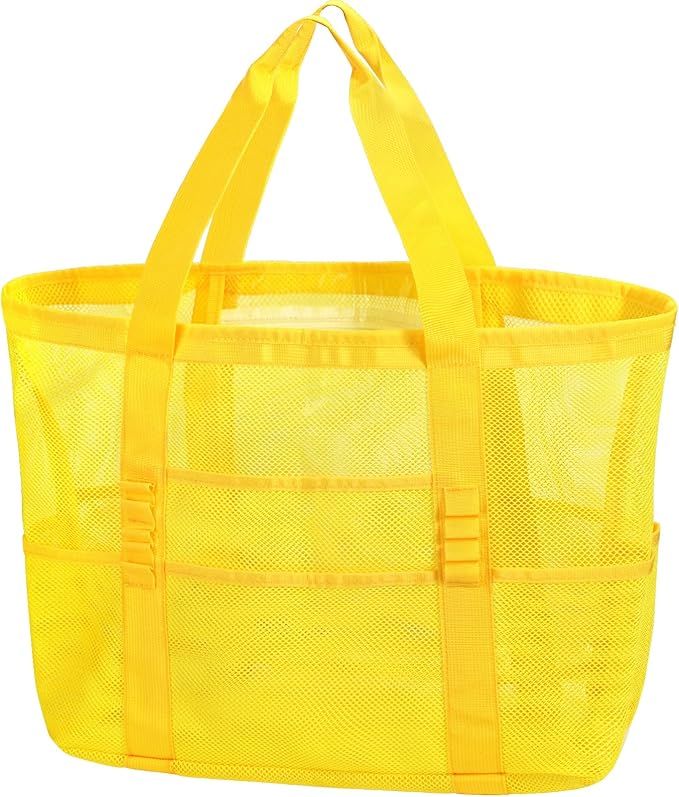 KPX Mesh Beach Bag, Large Beach Tote Bags for Women Foldable Mesh Swimming Pool Bag with Mini Pockets - Sandproof, Waterproof
