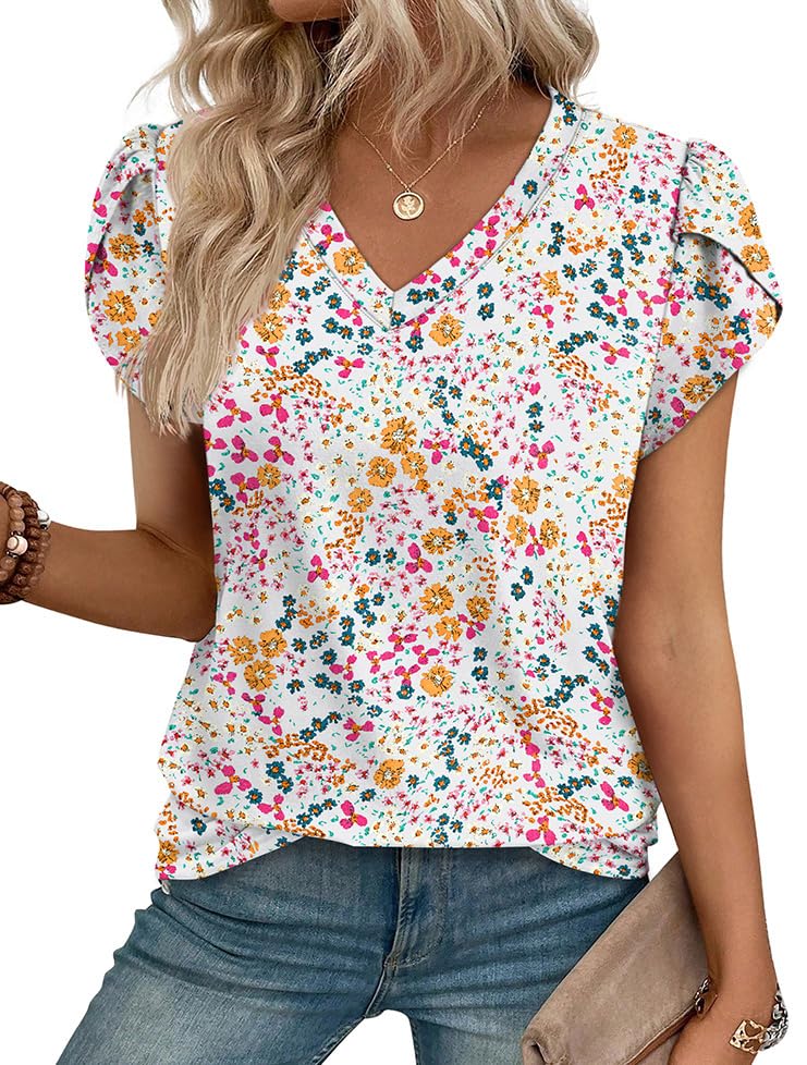 WIHOLL Womens Tops Dressy Casual Petal Sleeve Summer Spring Short Sleeve V Neck Shirts Work Business Vacation Clothes 2026