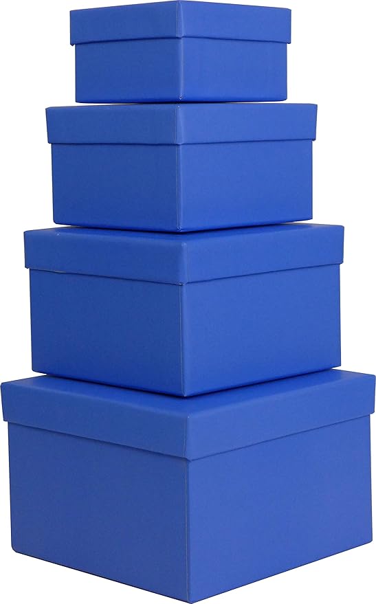 Cypress Lane Square Rigid Gift Boxes, a Nested Set of 4, 3.5x3.5x2 to 6x6x4 inches (Blue)