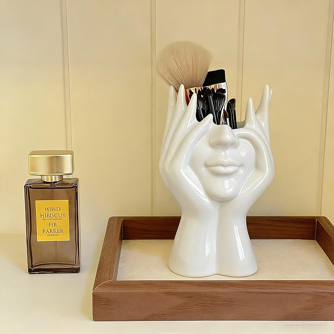 Decorative Face Makeup Brush Holder, White Ceramic Sculpture Design, 7x4.7 Inch, Cosmetic Organizer for Vanity