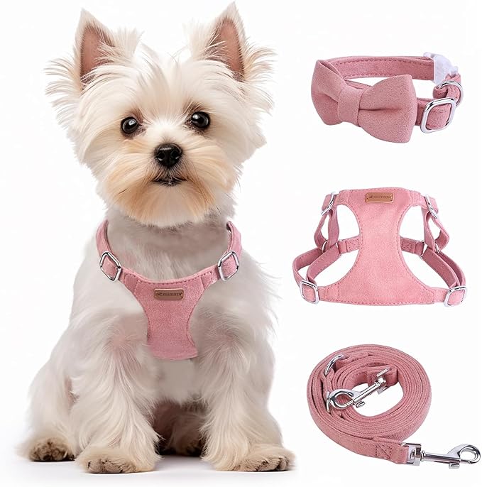 Dog Harness and Leash Set, XXS No Pull Adjustable Puppy Harness with Multifunction Pink Dog Leash and Dog Collar, Soft No ...