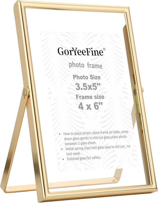 GorYeeFine Gold 4x6 Floating Picture Frame for Photo(2x3'',3.5x5''),Adjustable Tabletop/Shelf,Floating Picture Frames 2x...