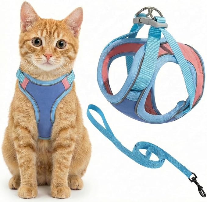 Cat Harness and Leash, Escape-Proof Cat Harness Set, Adjustable Step-in Pet Harness for Walking for Small Medium Cats (Blu...