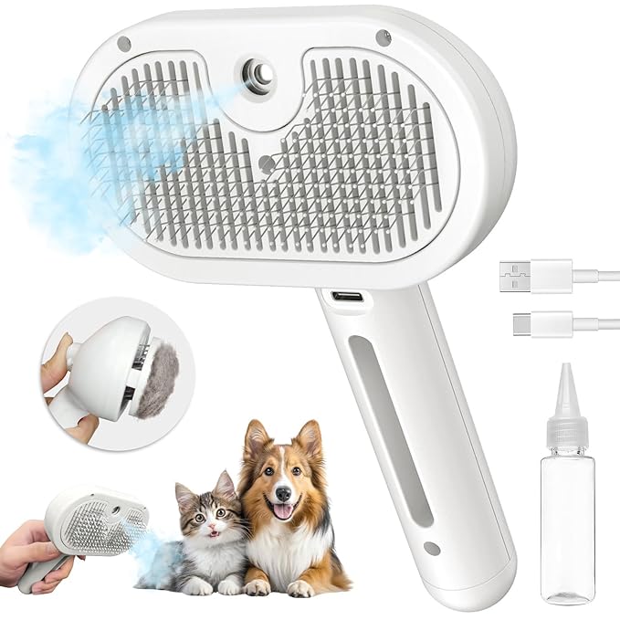Pecait Cat Steam Brush for Shedding, 3 In 1 Steam Cat Brush Self Cleaning, Dog Brush for Long and Short Hair Dogs and Cat...