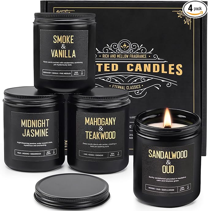 Crackling Wood Wick Candles for Men: 4 Pack 36oz Soy Scented Candles for Home Scented, Up to 200H Burning, Masculine Mens ...