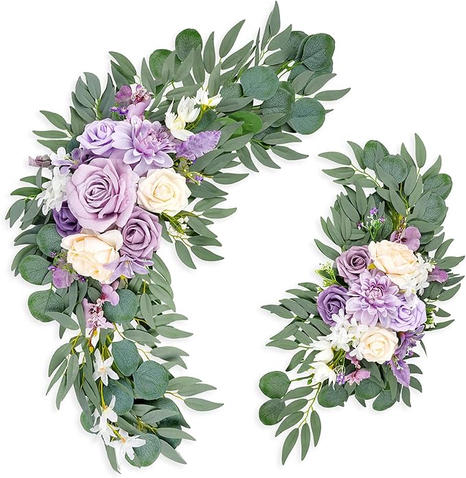 Roahosy Wedding Arch Flowers (Pack of 2), Purple Flower Swag Wedding Welcome Sign Floral Arrangements for Wedding Ceremony...