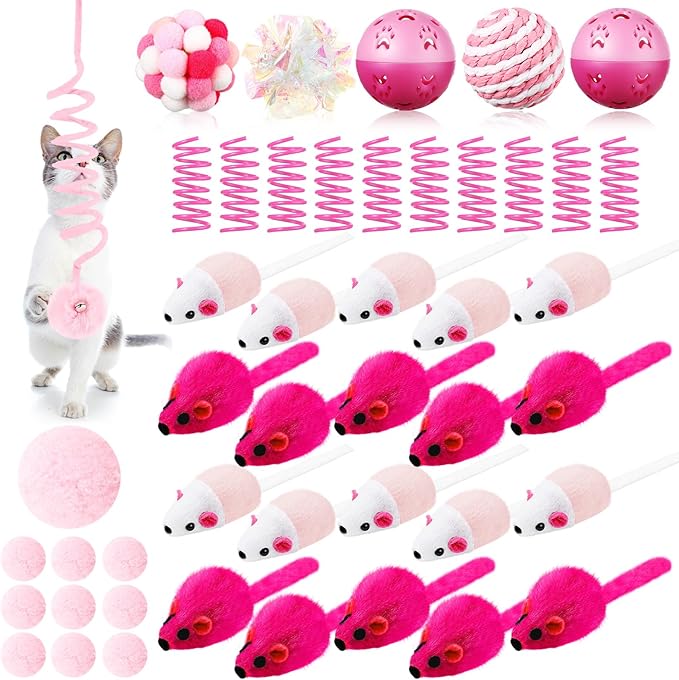 Gemscream 46 Pcs Cat Toys Set Interactive Cute Cat Toys Include Fur Mice Rattle Springs Crinkle Balls Pompom Bell Sisal Ba...