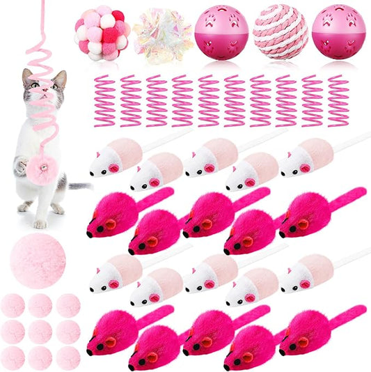 Gemscream 46 Pcs Cat Toys Set Interactive Cute Cat Toys Include Fur Mice Rattle Springs Crinkle Balls Pompom Bell Sisal Ba...
