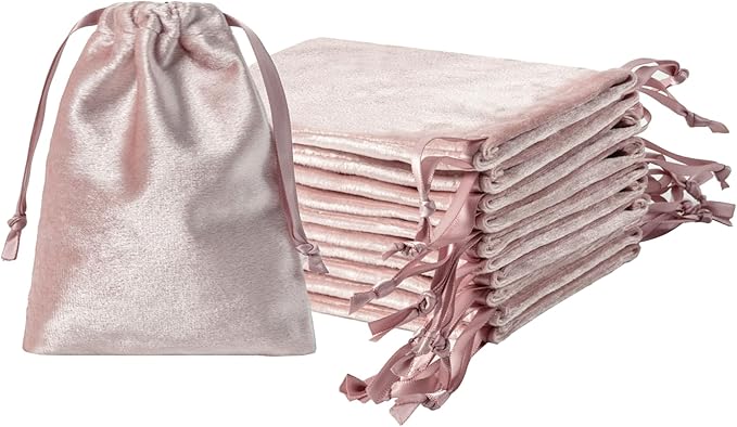 QIANF 12pcs Rose Pink Velvet Drawstring Bags 3x4 inches Glossy Small Velvet Cloth Gift Bags Jewelry Pouches for Storage We...