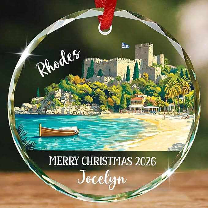 Greece Rhodes Beach Xmas Glass Ornament, City Travel Souvenir Collection Keepsake Gifts, Custom Text & Name Travel Enthusi...