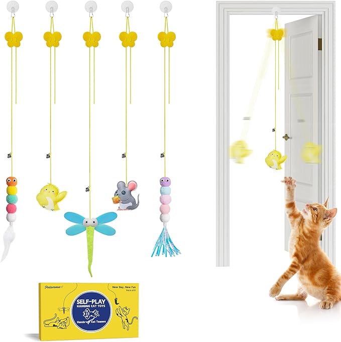 Potaroma Interactive Cat Feather Toys 5 Pcs, Cat Teaser Retractable Hanging Indoor Kitten Play Chase Exercise, Mental Phys...