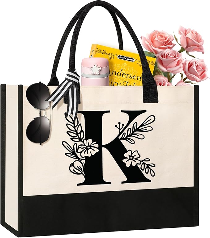 Tecanne Personalized Initial Canvas Tote Bag, Suitable for Birthday, Wedding, Beach, Holiday, Gifts for Women, Mom, Teache...