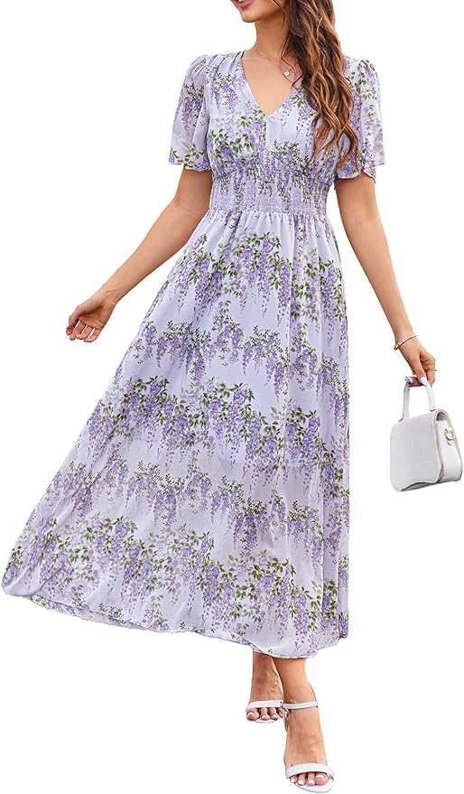 Women's Floral Maxi Dress Flowy V Neck Empire Waist Summer Wedding Guest Party Casual Chiffon Dress