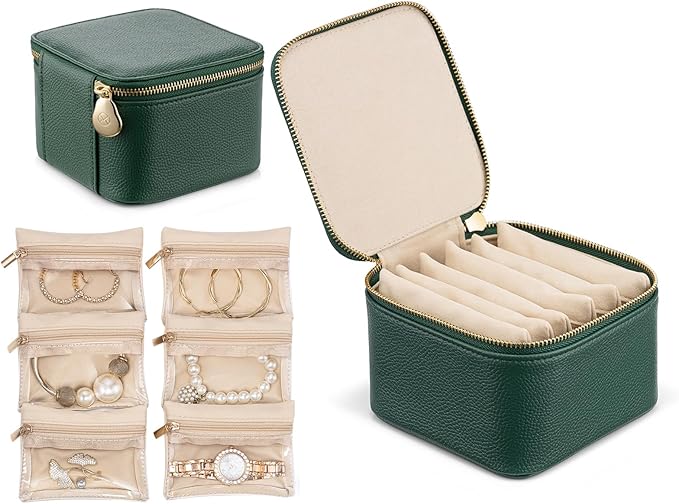 VLANDO Travel Jewelry Box Organizer – Portable PU Leather Jewelry Case with 6/8/12 Zippered Pouches, Compact Storage for E...