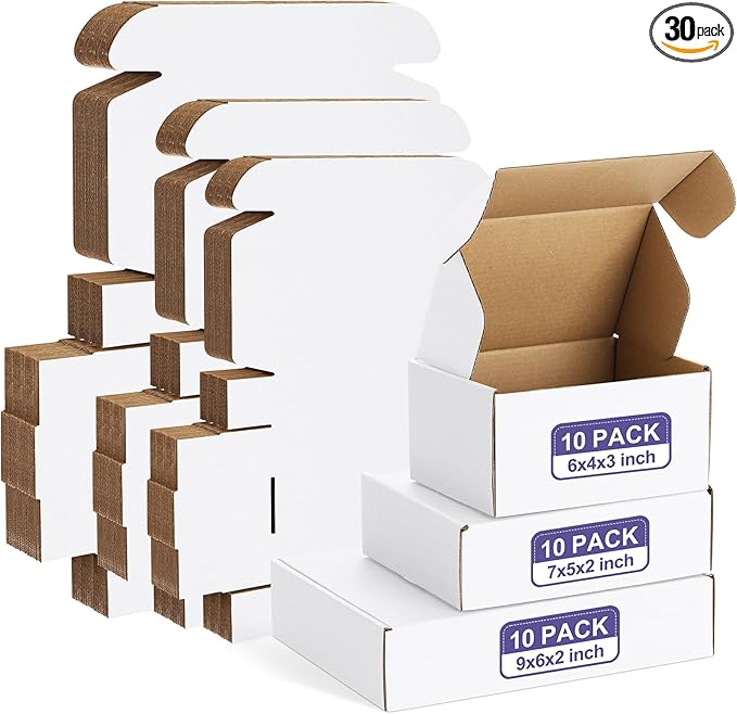 Eupako 30 Pack Small Shipping Boxes Assorted Sizes, 6x4x3, 7x5x2, 9x6x2-10 PCS Each Small Boxes, White Corrugated Box Mail...