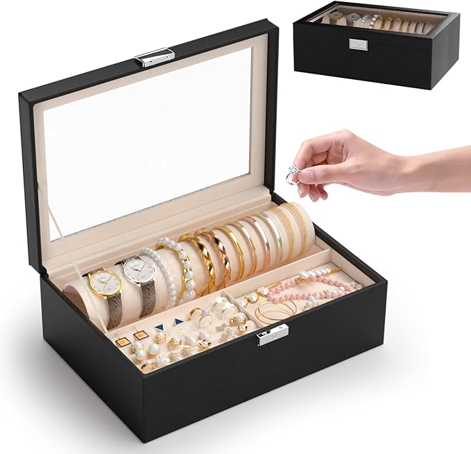 Jolensoy Jewelry Organizer Box with Clear Glass Lid, Bracelet Holder Jewelry Storage Case for Earrings, Rings, Bangles, Wa...