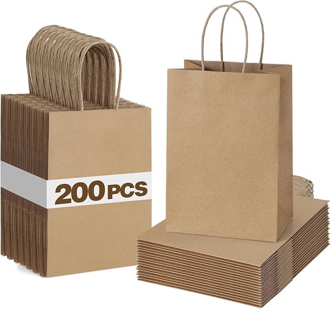 BagDream 200Pcs Gift Bags 5.25x3x8 Kraft Brown Paper Gift Bags with Handles Bulk, Small Paper Sacks for Birthday Wedding P...