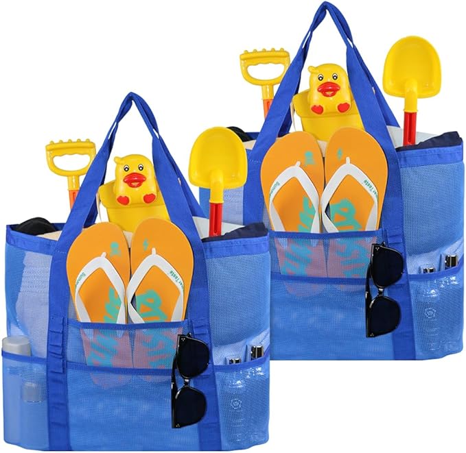 AMJ Oversized Mesh Beach Tote, Family Beach Bag for Toys & Vacation Essentials, 2Pcs