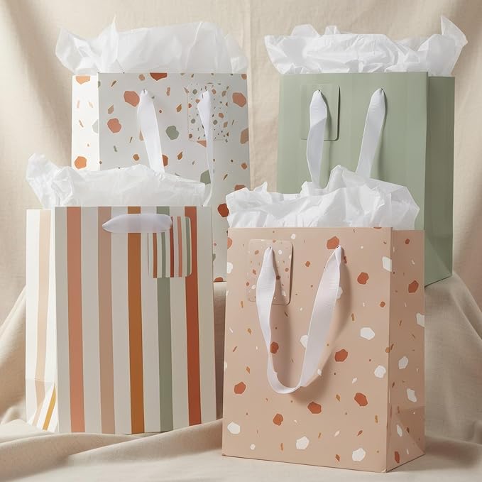 Beautiful Gift Bags Set of 4 - Medium Sized 9" Bags with Handles incl. Matching Tissue Paper, Cards & Small Stickers - Reu...