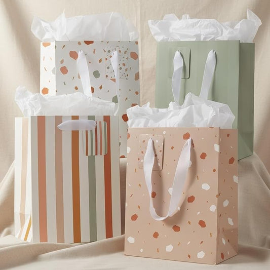 Beautiful Gift Bags Set of 4 - Medium Sized 9" Bags with Handles incl. Matching Tissue Paper, Cards & Small Stickers - Reu...