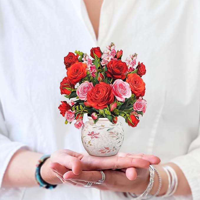 Freshcut Paper Pop Up Cards, Mini Blooming Roses, 6 Inch Mini Sized Forever Flower Bouquet 3D Popup Greeting Cards, Valent...