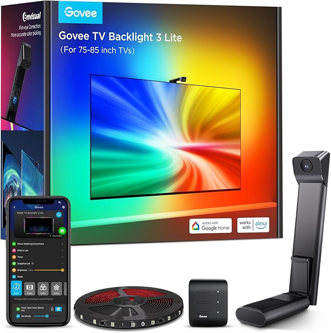 Govee TV Backlight 3 Lite with Fish-Eye Correction Function Sync to 75-85 Inch TVs, 16.4ft RGBICW Wi-Fi LED Strip Lights w...