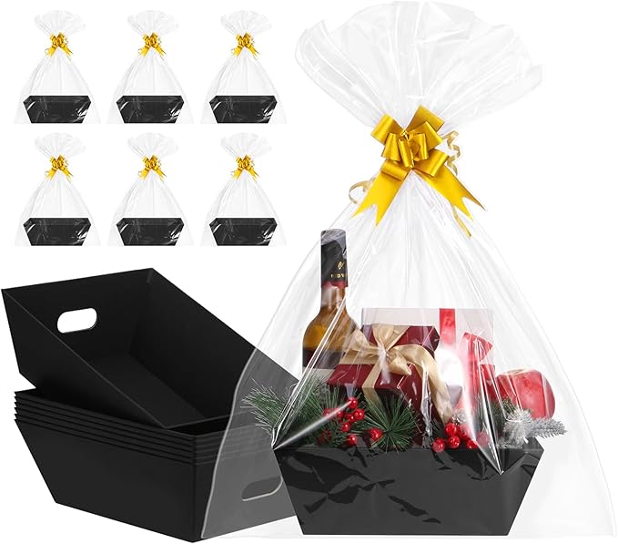 AFOROEOA 10PACK Black Baskets For Gifts Empty, 10x12”Thick Kraft Gift Basket with 10 Bows 10 Bags Empty Gift Baskets for C...