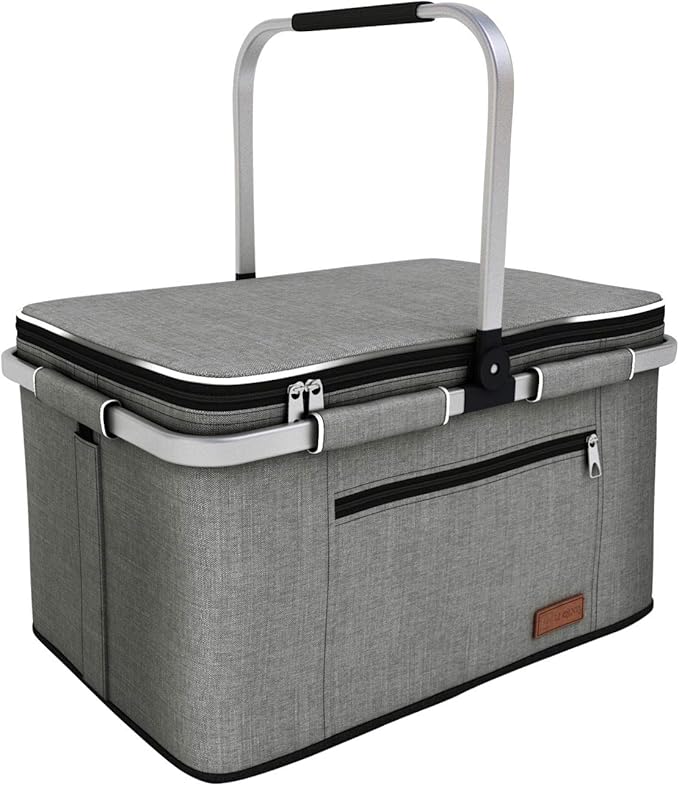 LIQING 35L Large Picnic Basket 2 Layers of Internal Pockets Leak-Proof and Insulated ，Folding with Internal Support for en...