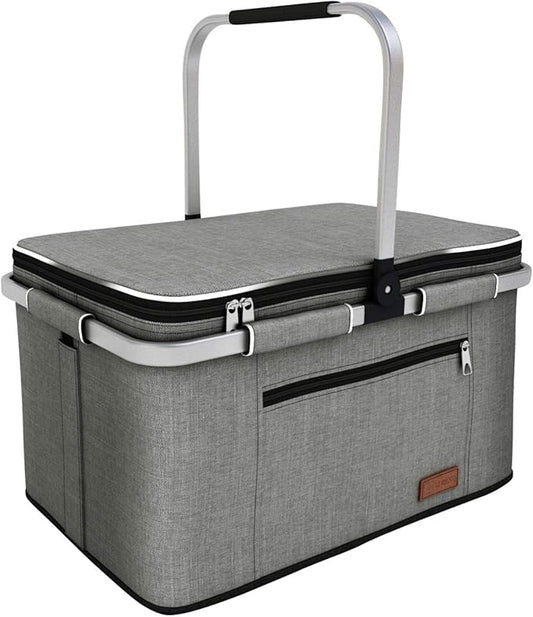 LIQING 35L Large Picnic Basket 2 Layers of Internal Pockets Leak-Proof and Insulated ，Folding with Internal Support for en...