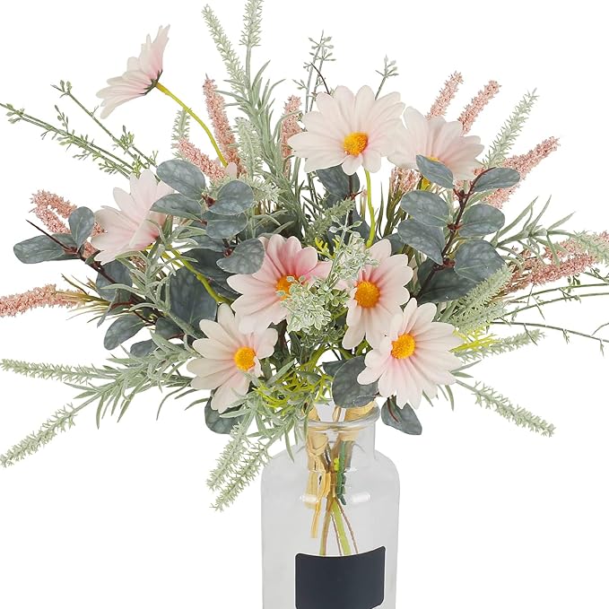 HO2NLE 2 Bundles Artificial Wildflowers Fake Daisy Flowers Bouquet Silk Flower with Stems Faux Daisies Eucalyptus Pink Flo...