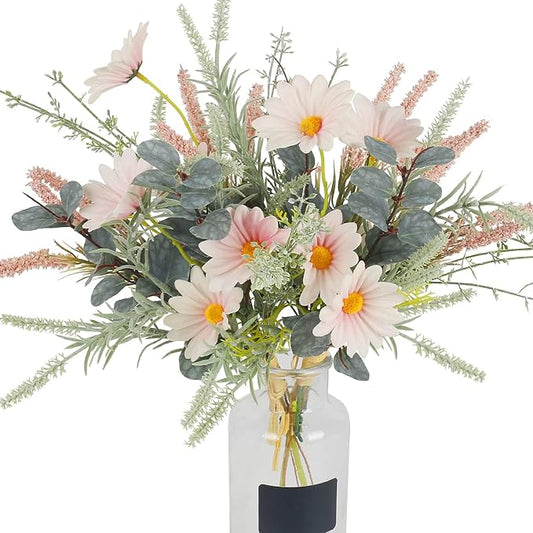 HO2NLE 2 Bundles Artificial Wildflowers Fake Daisy Flowers Bouquet Silk Flower with Stems Faux Daisies Eucalyptus Pink Flo...