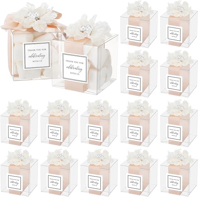Wenqik 20 Pack Clear Wedding Favor Boxes with Ivory White Pearl Flowers, Ribbon and Thank You Stickers, Elegant Plastic Ca...