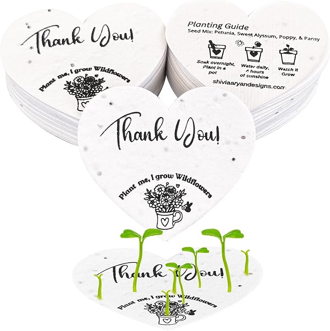 50 Plantable Seed Paper Hearts with Wildflower Seeds- A Thank You Card That Grows | A Memorable Gift Tag That Keeps Giving...