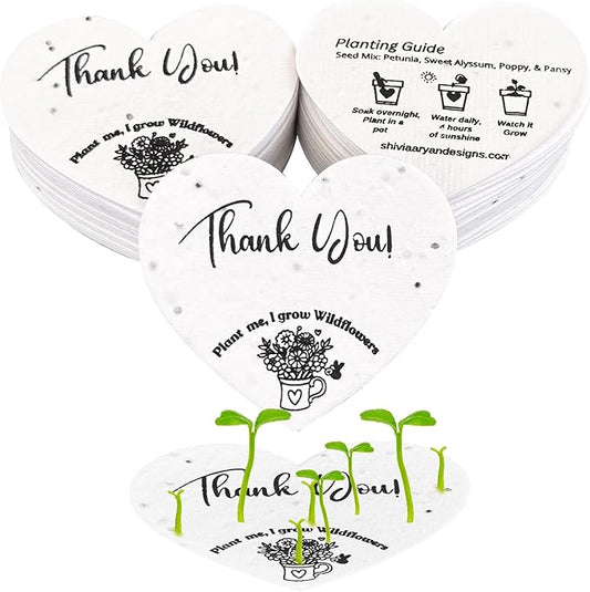 50 Plantable Seed Paper Hearts with Wildflower Seeds- A Thank You Card That Grows | A Memorable Gift Tag That Keeps Giving...