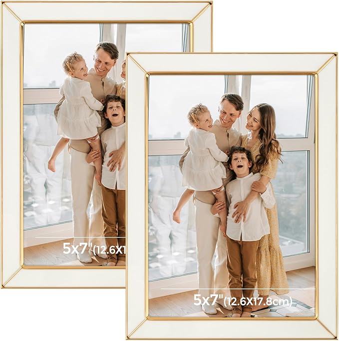 Frametory Enamel Picture Frame - 5x7 Gold Metal Edge White Enamel Picture Frame With Easel and Velvet Back for Tabletop Di...