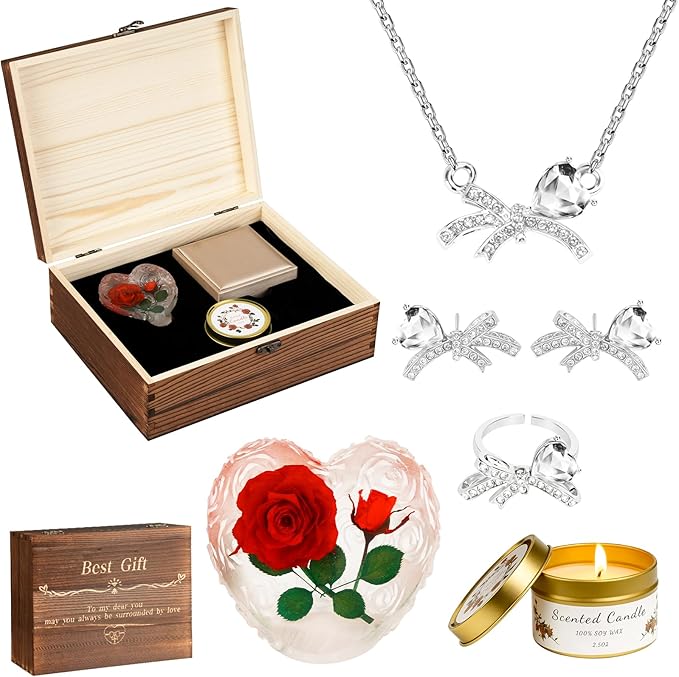 Preserved Roses with Necklace Set & Scented Candle, Mother's Day Gifts for Women Mom Romantic Eternal Flowers Rose Birthda...